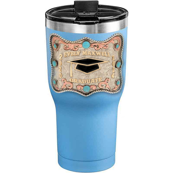 A customized tumbler made of stainless steel with a personalized engraved name and graduate cap figure, 30 oz, ideal for coffee or cool drinks